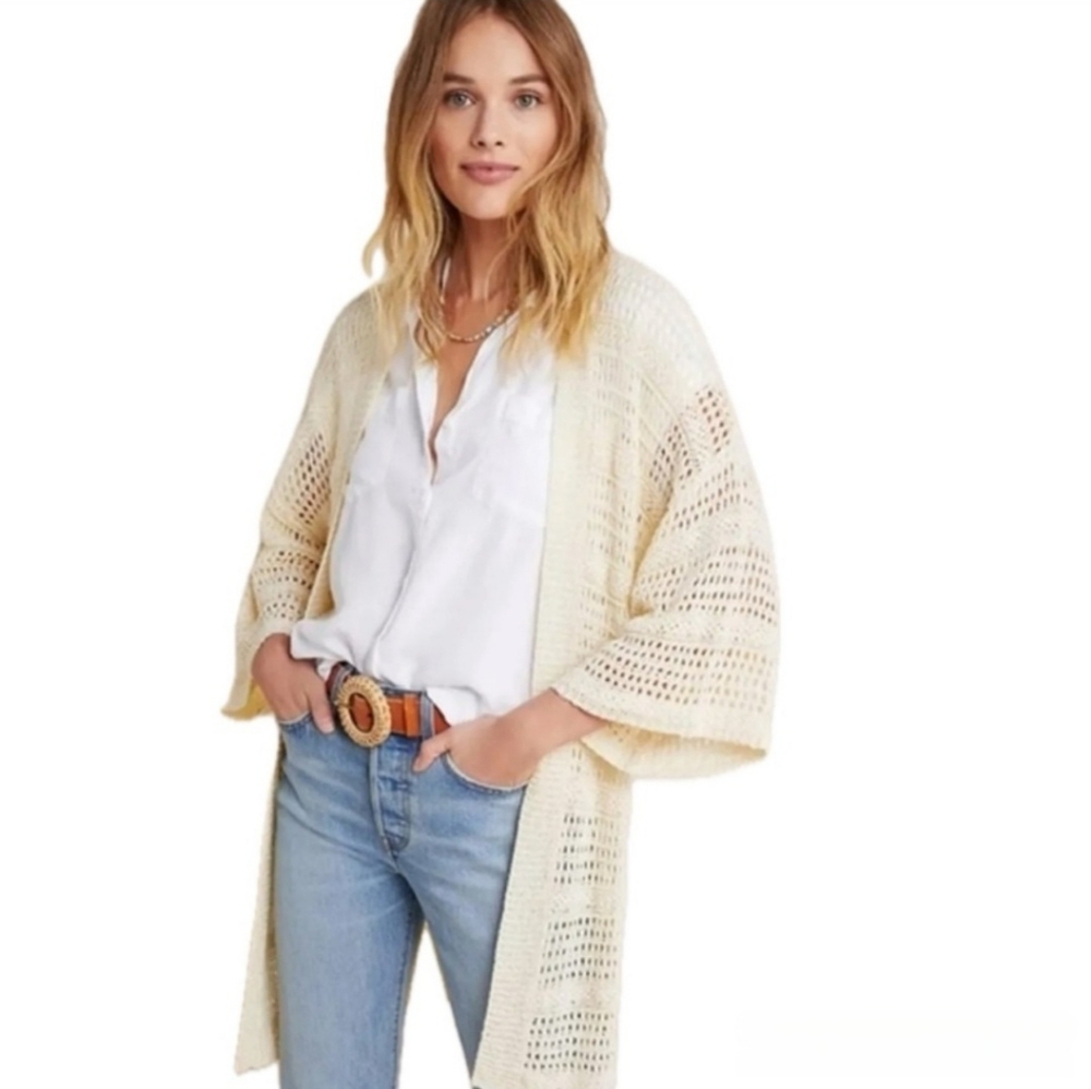 Anthropologie Open Front Knit Crochet‎ Cardigan in Ivory One Size
